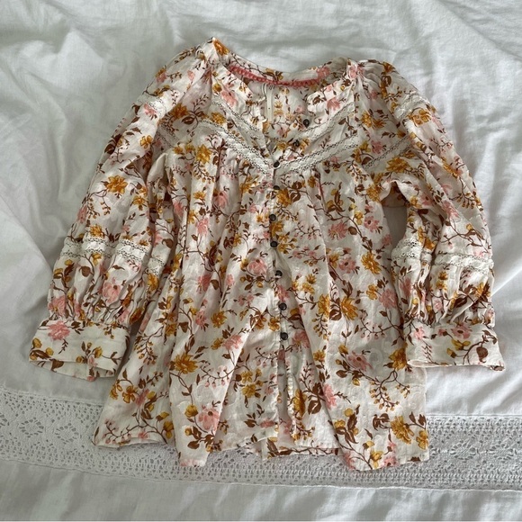Anthropologie SMALL Harmony Lace Peasant Blouse in Orange Pink Floral Print - Picture 2 of 9